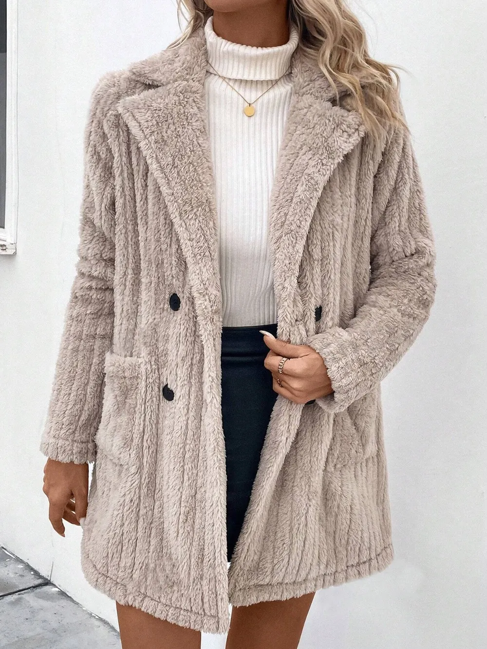 Fuzzy Button Up Long Sleeve Coat with Pockets, image 2