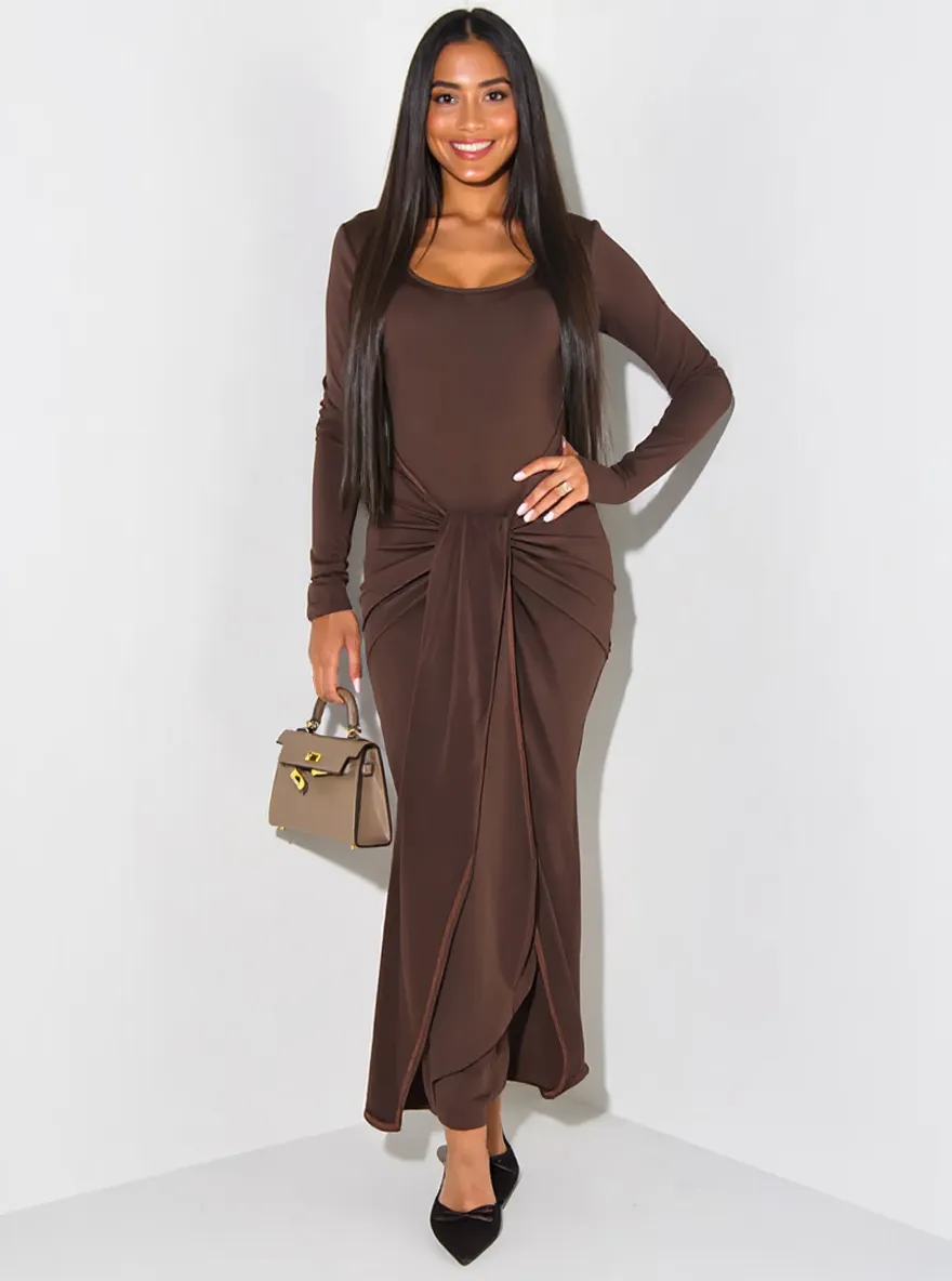 Long Sleeve Tie-Front Bodycon Maxi Dress, image 2