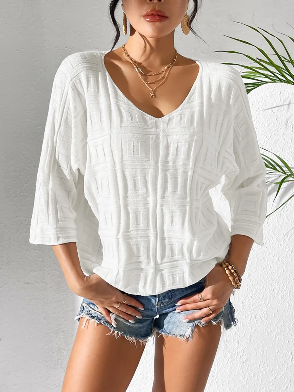 V-Neck Three-Quarter Sleeve Knit Top, image 6