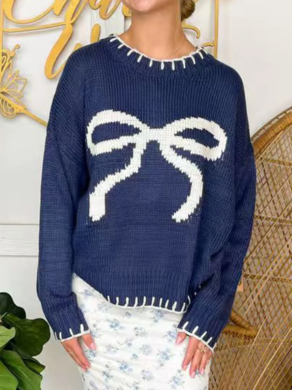 Bow Round Neck Long Sleeve Sweater, image 8