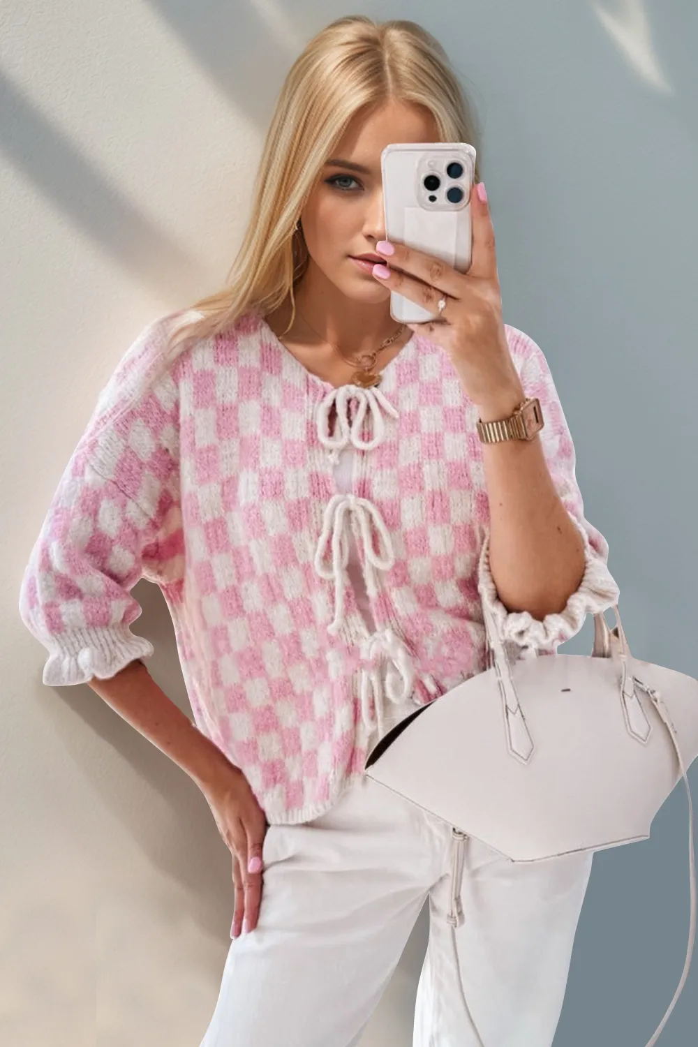 Tied Checkered Dropped Shoulder Flounce Sleeve Cardigan, image 11