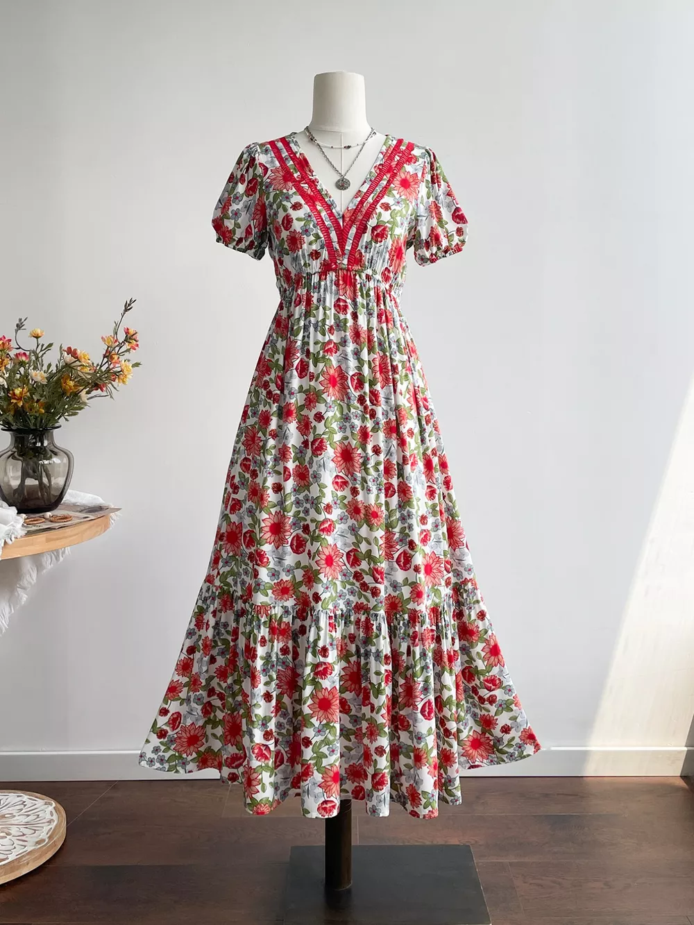 Floral Print V-Neck Ruffle Hem Midi Dress, image 3