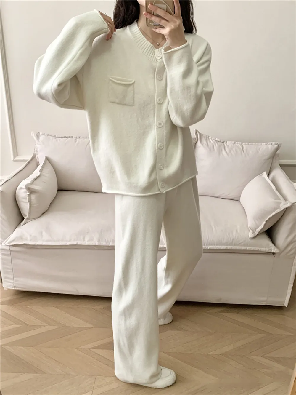Pocketed Round Neck Button Up Cardigan and Pants Sweater Set, image 5