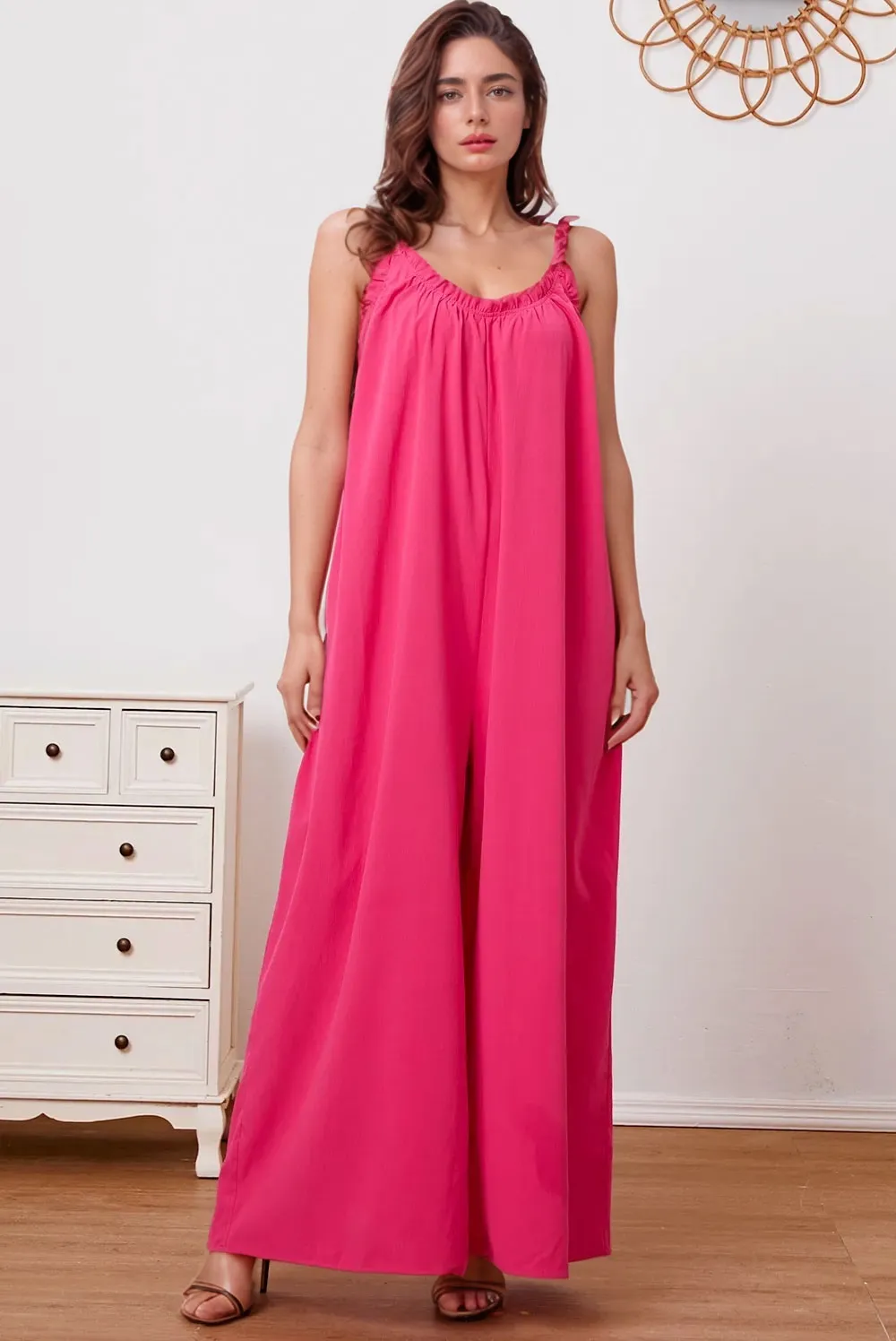 Full Size Ruffle Trim Tie Back Cami Jumpsuit with Pockets, image 11