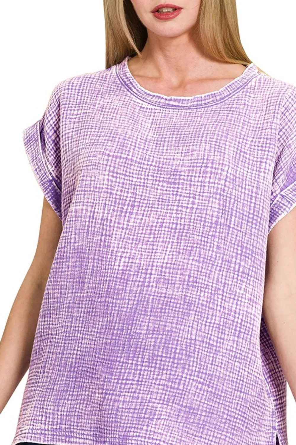 Woven Double Gauze Acid Washed Short Sleeve Top, image 2