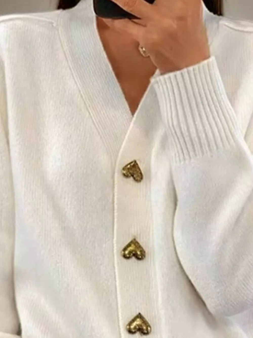 Full Size V-Neck Cardigan with Gold Heart-Shaped Buttons Plus Size, image 2