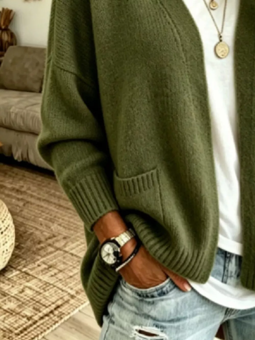 Open Front Knit Cardigan with Pockets, image 7