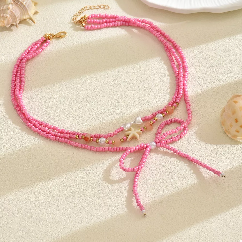 Beaded Three-Layered Necklace with Bow and Starfish Charms, image 4