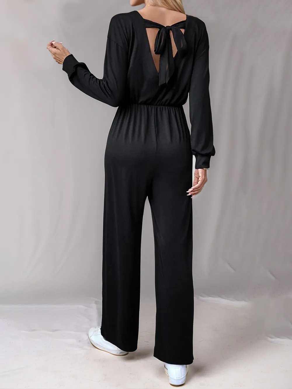 Tied Round Neck Wide Leg Jumpsuit, image 2