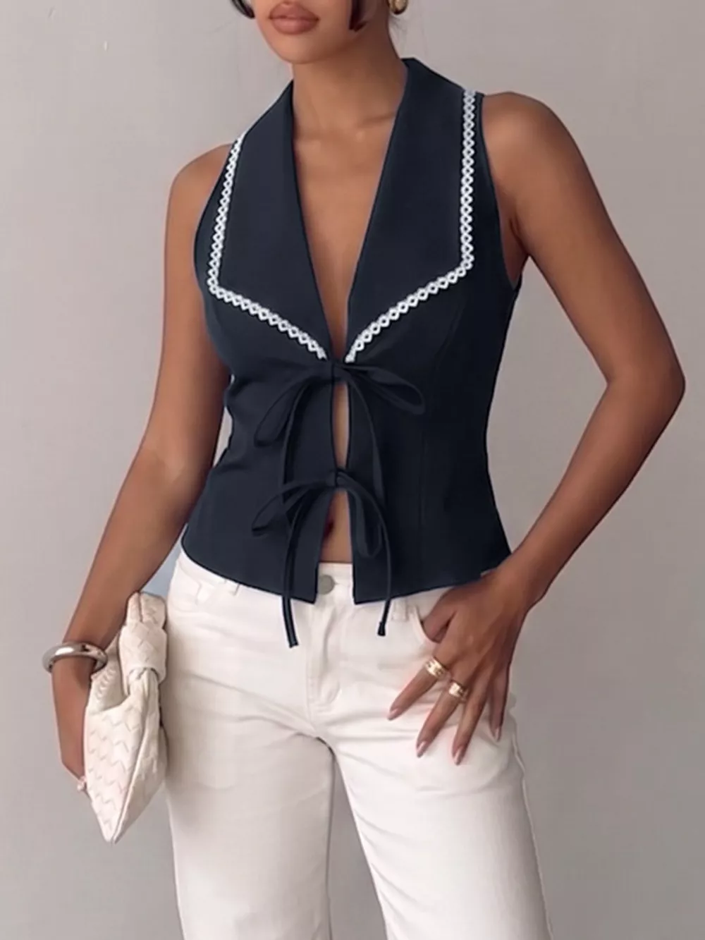 Lace Trim Tie-Front Vest, image 5