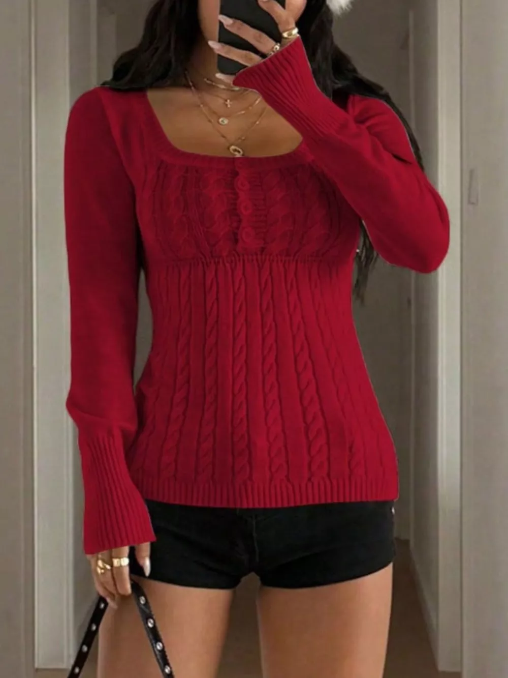 Cable Knit Button-Front Fitted Sweater, image 9