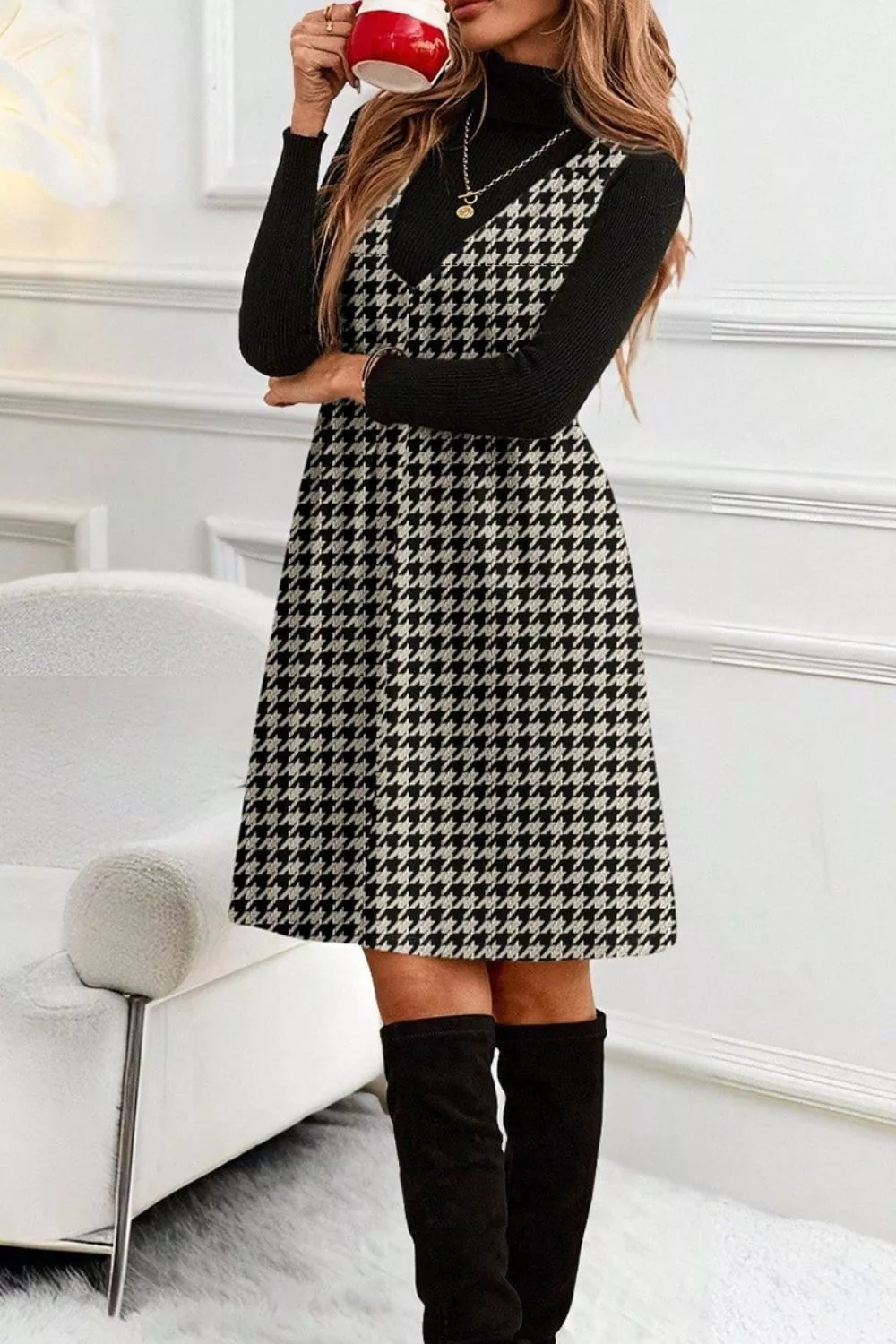 Houndstooth V-Neck Sleeveless Mini Dress, image 6