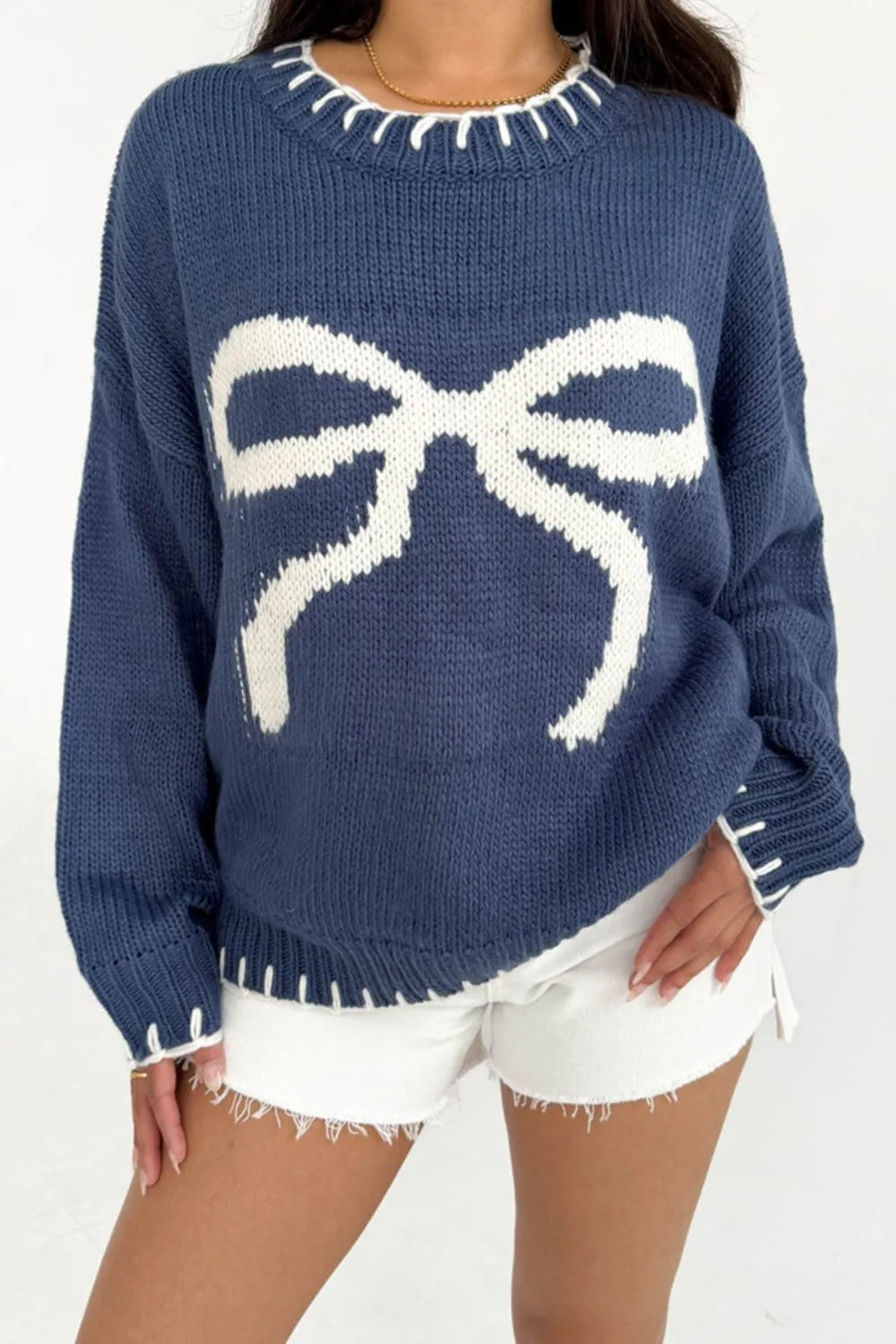 Bow Graphic Round Neck Long Sleeve Sweater, image 2