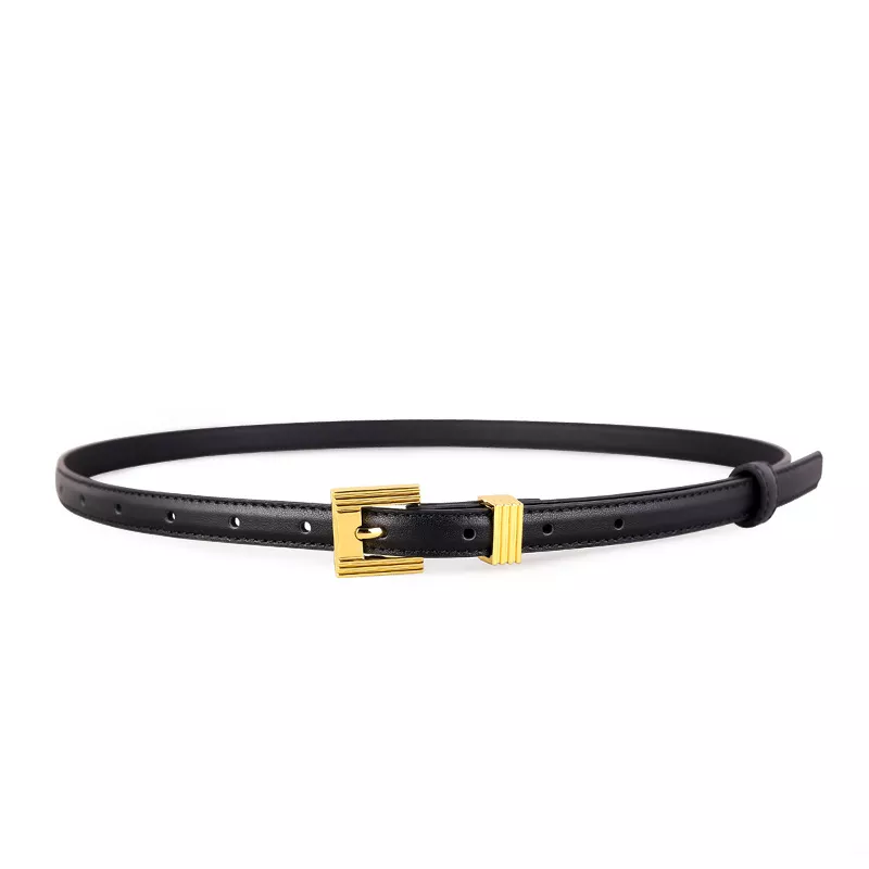 Skinny Leather Belt with Golden Buckle, image 3