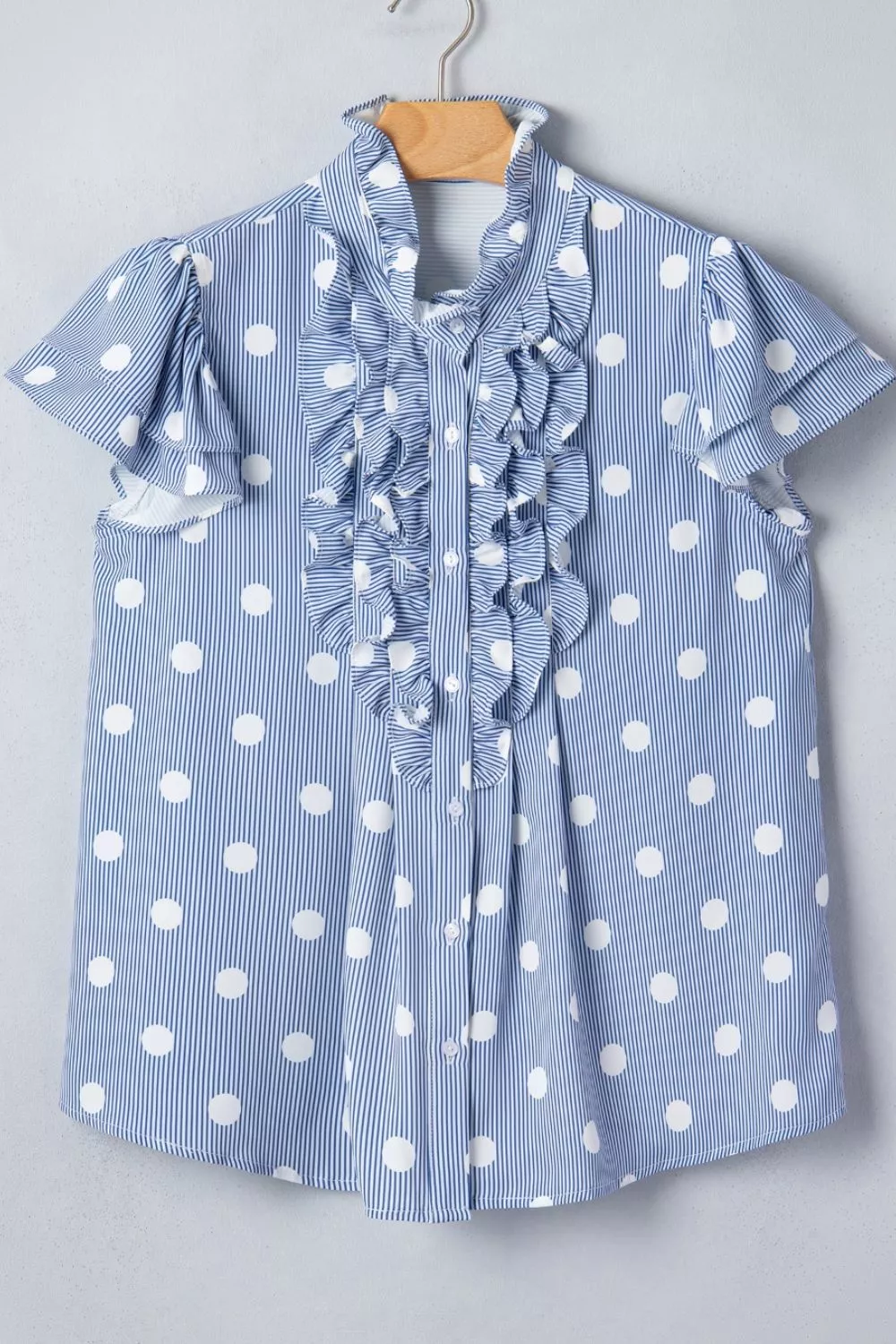 Stripe Contrast Polka Dot Print Pleated Ruffle Sleeve Shirt, image 3