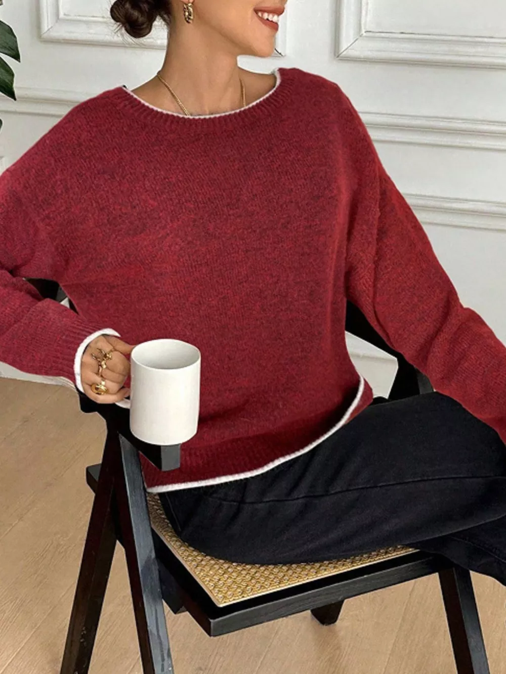 Back Bowknot Decor Round Neck Sweater, image 4