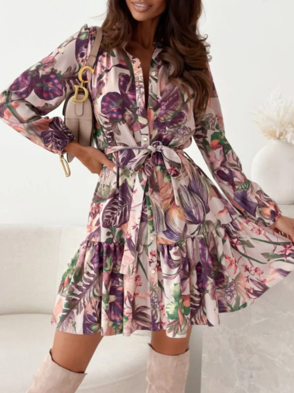 Ruffle Hem Floral Long Sleeve Dress, image 2