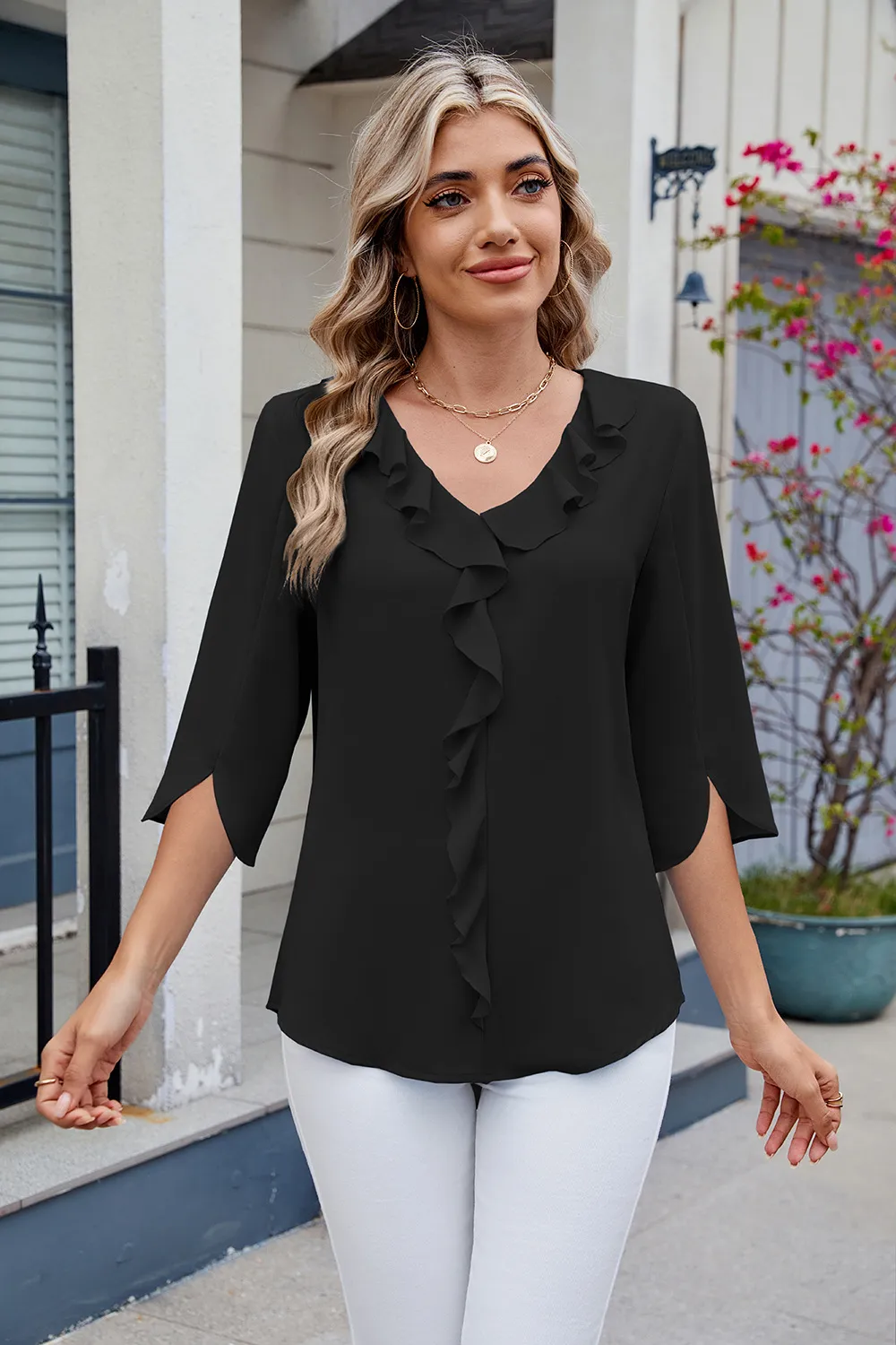 Ruffled V-Neck Three-Quarter Sleeve Blouse, image 23