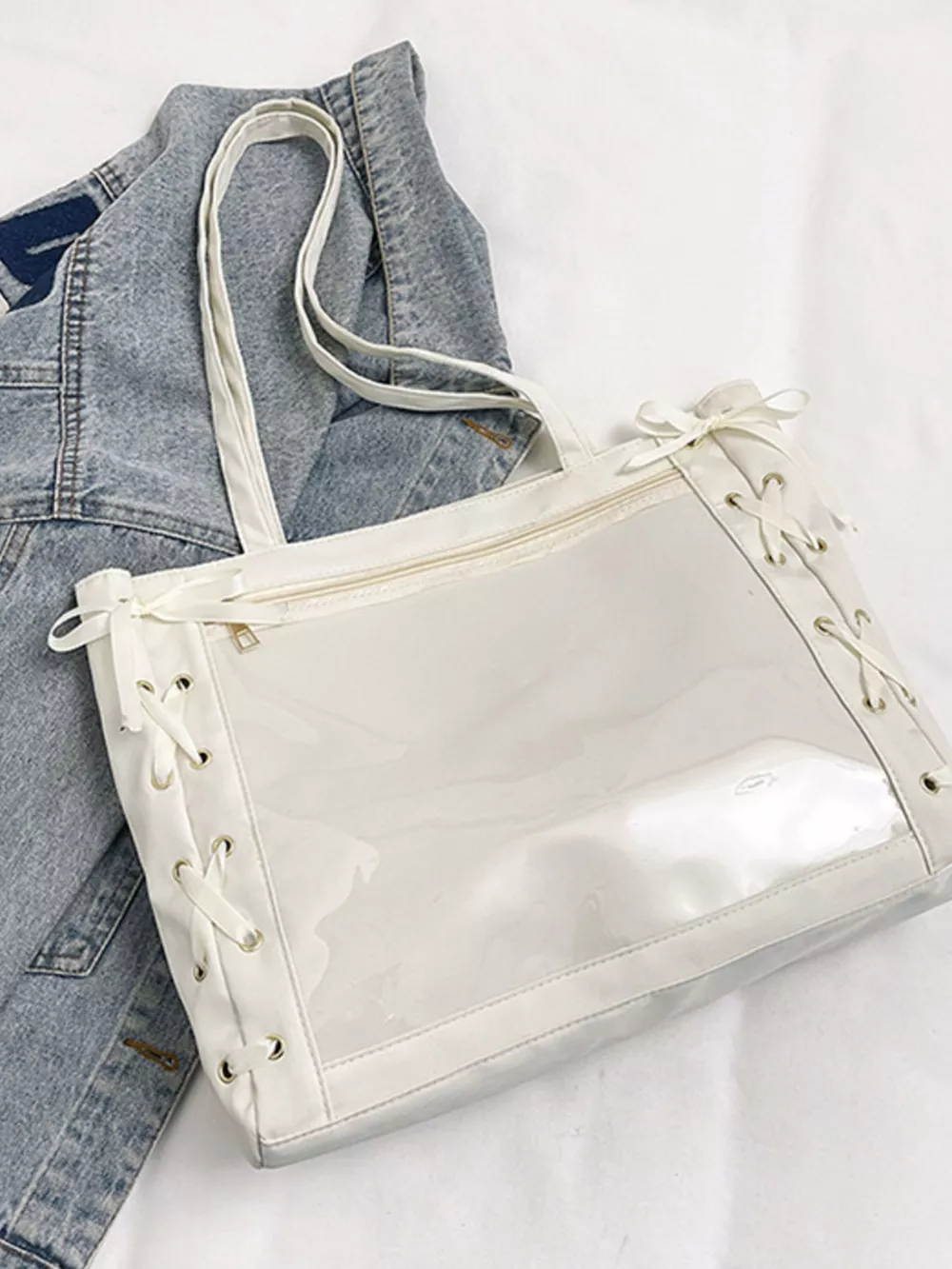 Lace-Up Trim Clear Panel Shoulder Bag, image 21