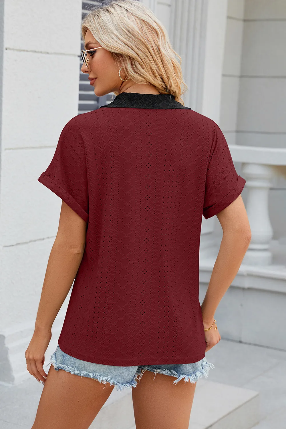 Eyelet Johnny Collar Short Sleeve T-Shirt, image 24