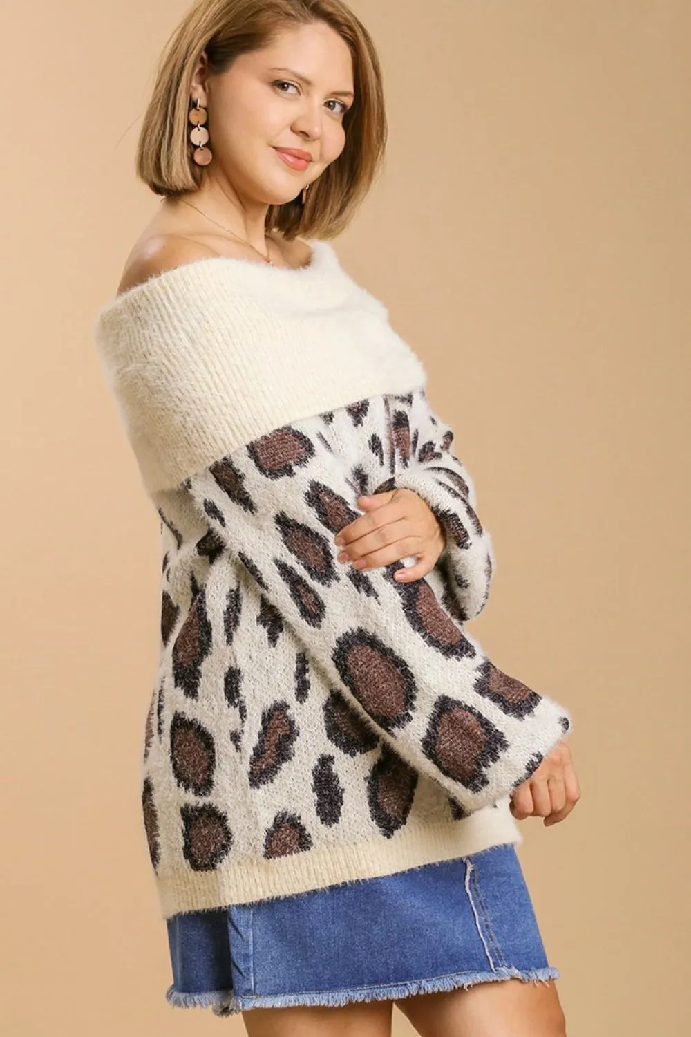 Full Size Leopard Off-Shoulder Long Sleeve Sweater Plus Size, image 4