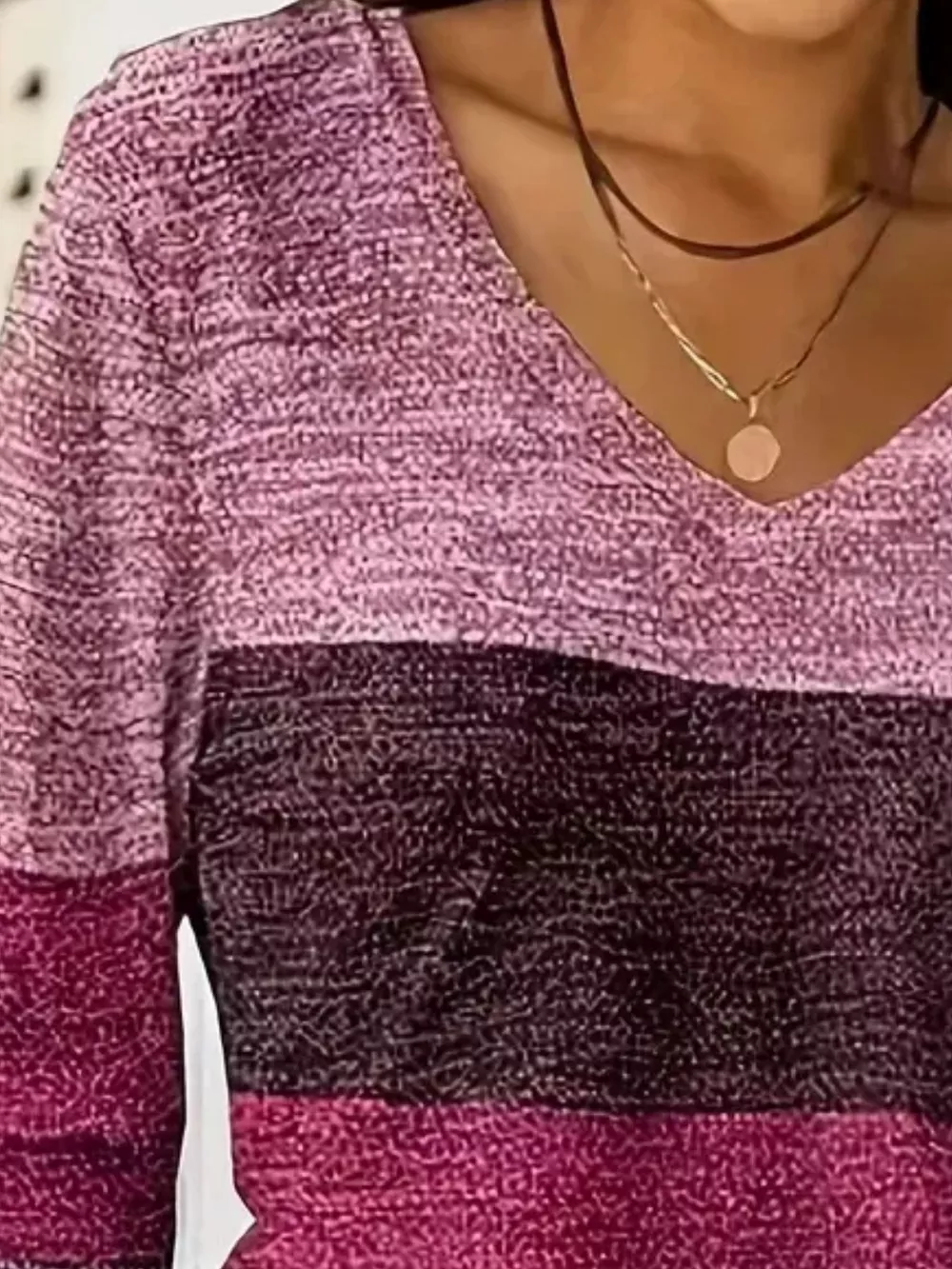 V-Neck Color Block Long Sleeve Casual T-Shirt, image 4
