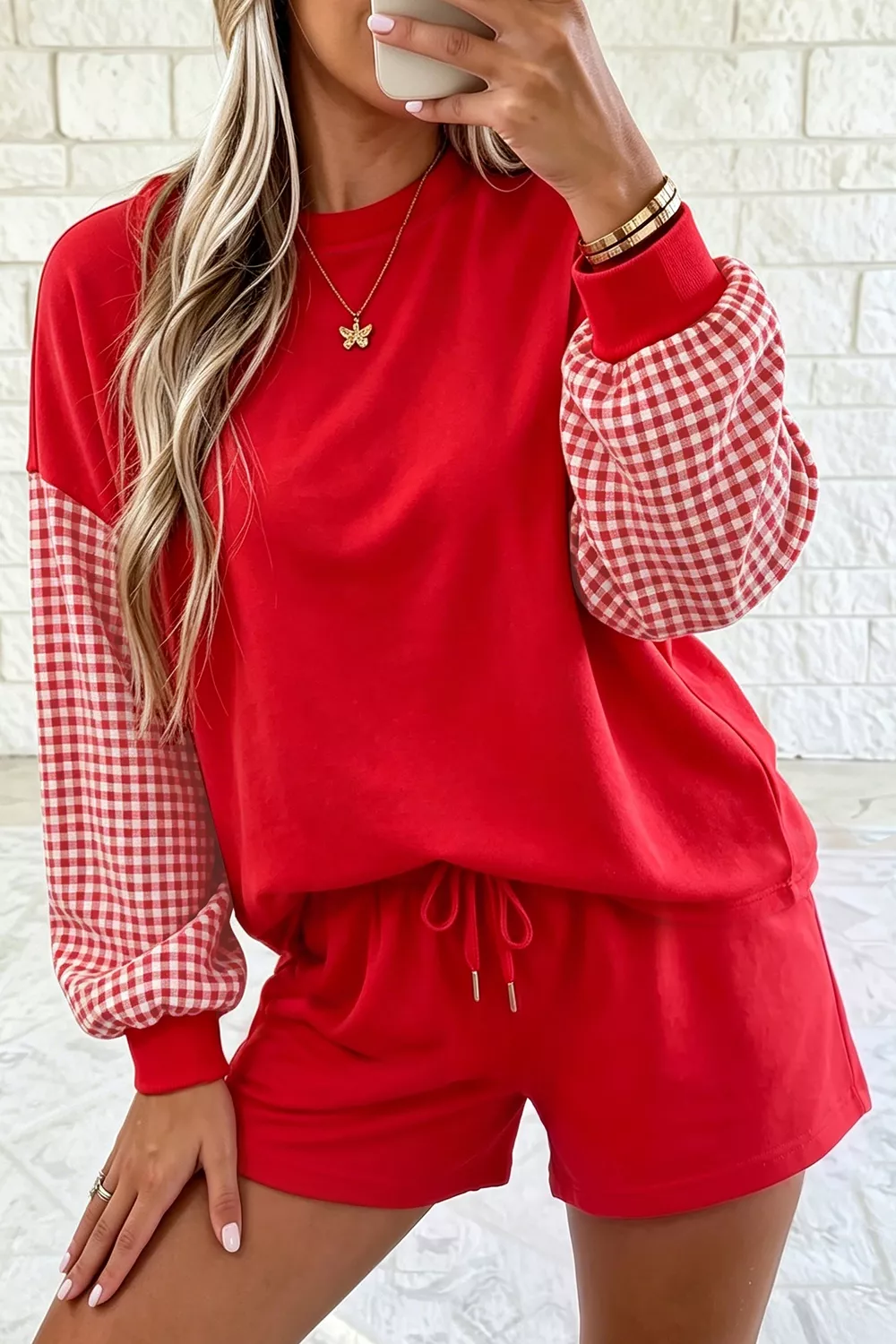 Gingham Patchwork Long Sleeve Sweatshirt and Shorts Set, image 2