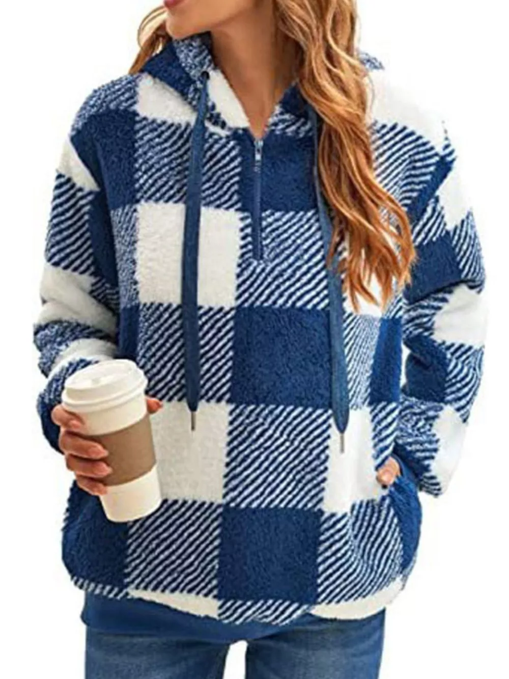 Full Size Plaid Sherpa Drawstring Hoodie Plus Size, image 2