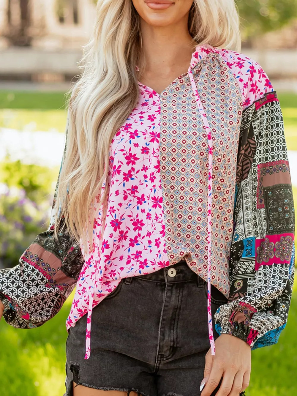 Boho Mixed Floral Drop Shoulder Bubble Sleeve Blouse, image 6