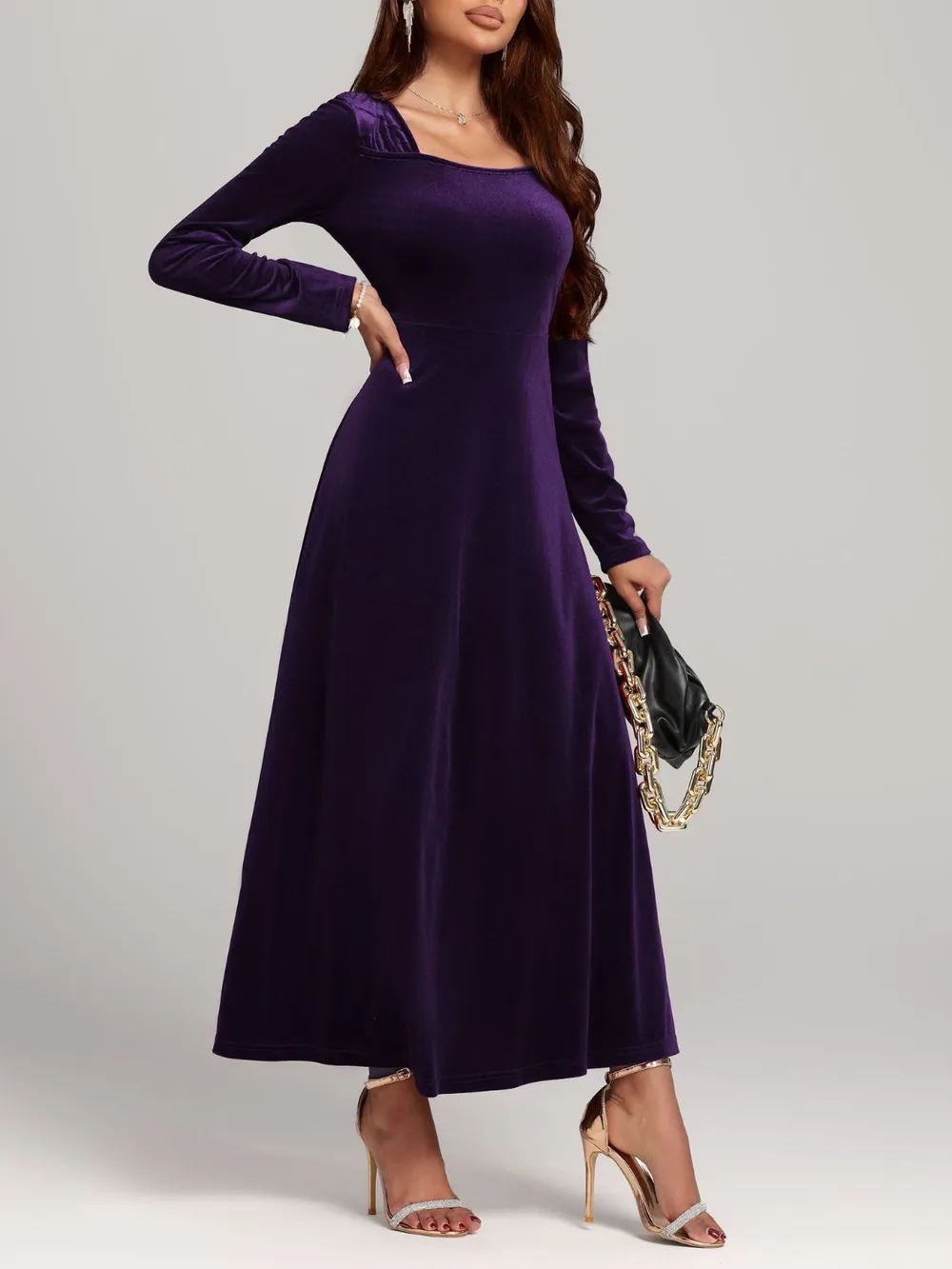 Square Neck Long Sleeve Velvet Dress, image 18
