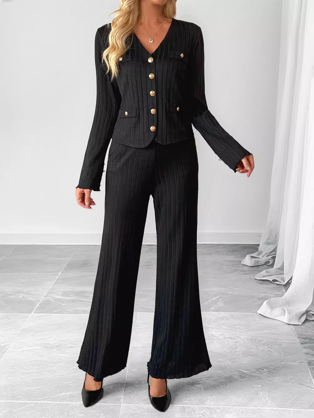 Ribbed Knit Cardigan & Wide Leg Pants Set, image 9