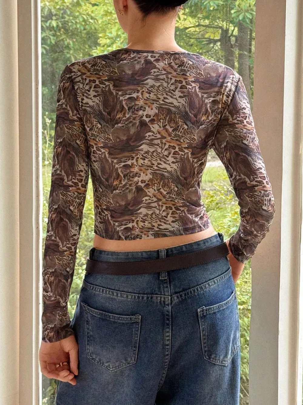 Leopard Print Long Sleeve Mesh Top, image 4