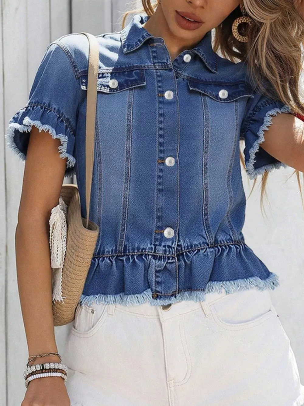 Ruffle Hem Short Sleeve Denim Jacket, image 3
