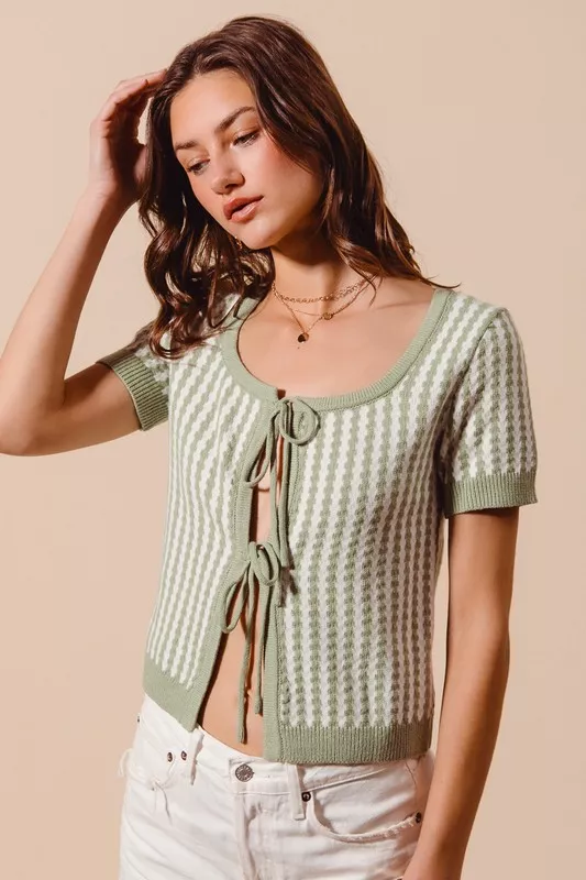 Tie Front Textured Vertical Stripe Knit Cardigan, image 3