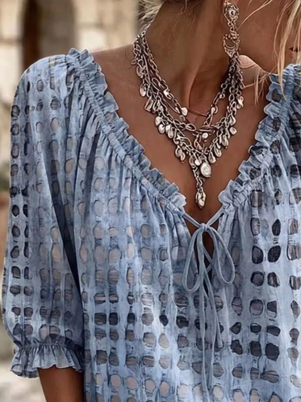 Full Size Tie Neck 3/4 Sleeve Blouse Plus Size, image 15
