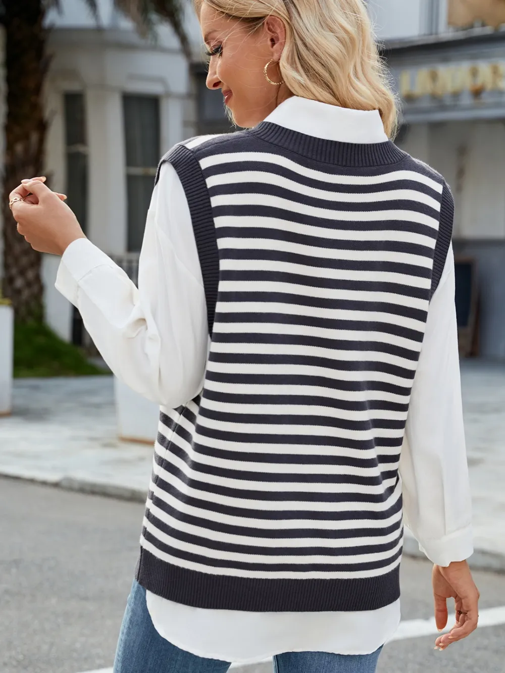 Slit V-Neck Striped Sweater Vest, image 10