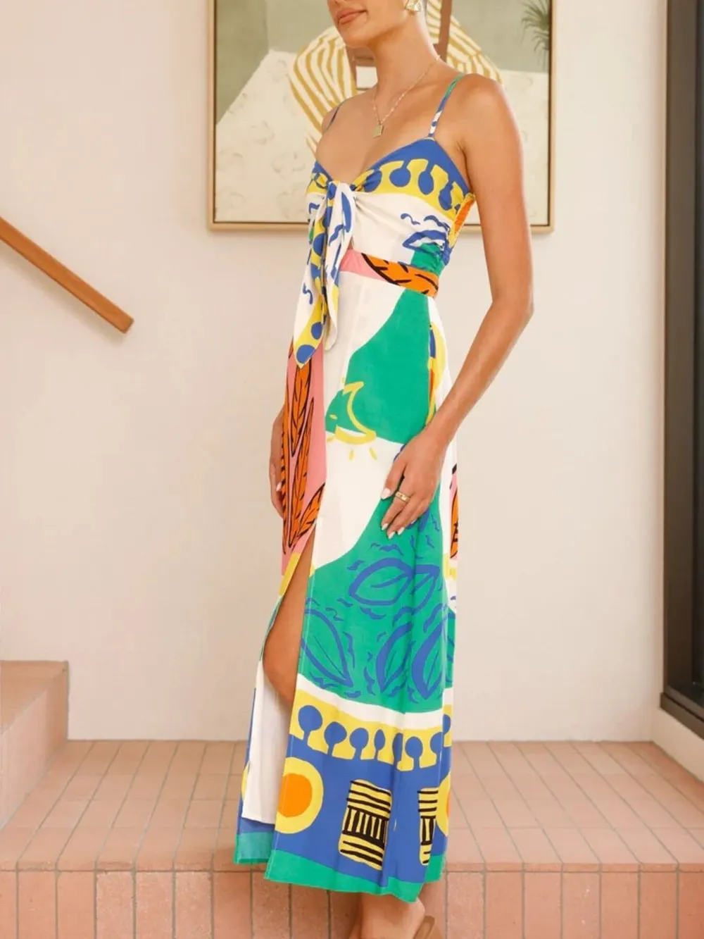 Tied Front Printed Slit Maxi Cami Dress, image 7