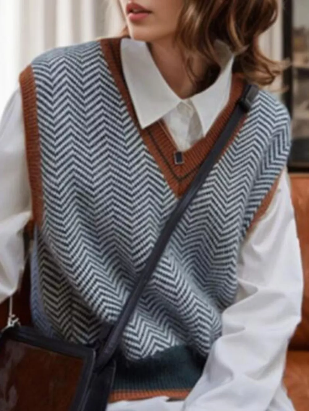 Chevron Pattern V-Neck Knit Sweater Vest, image 2