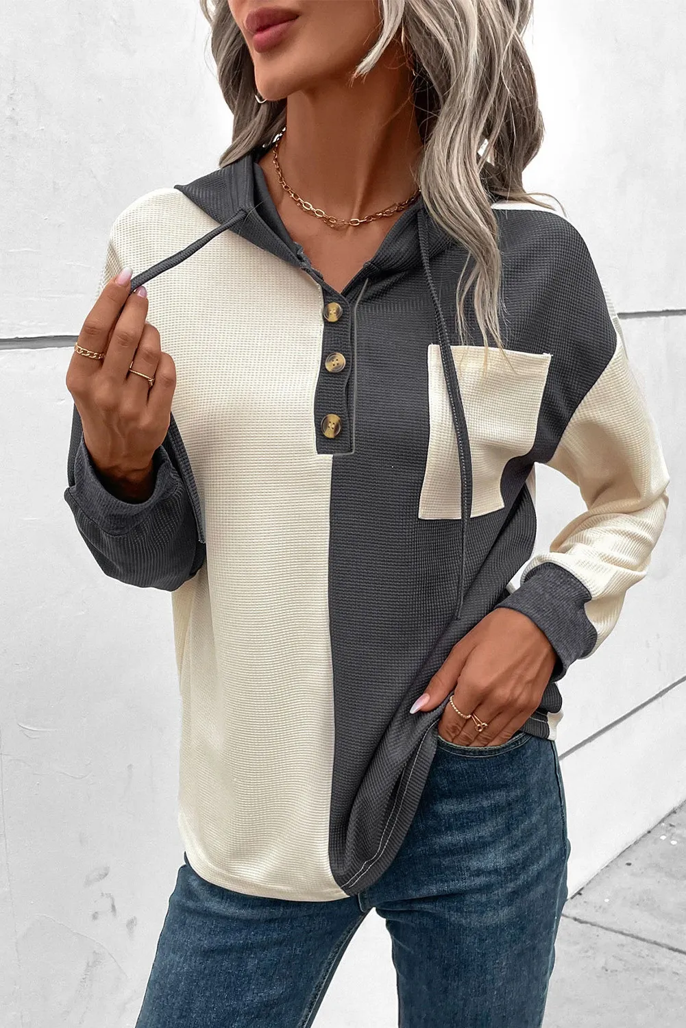 Drawstring Quarter Button Contrast Long Sleeve Hoodie, image 2