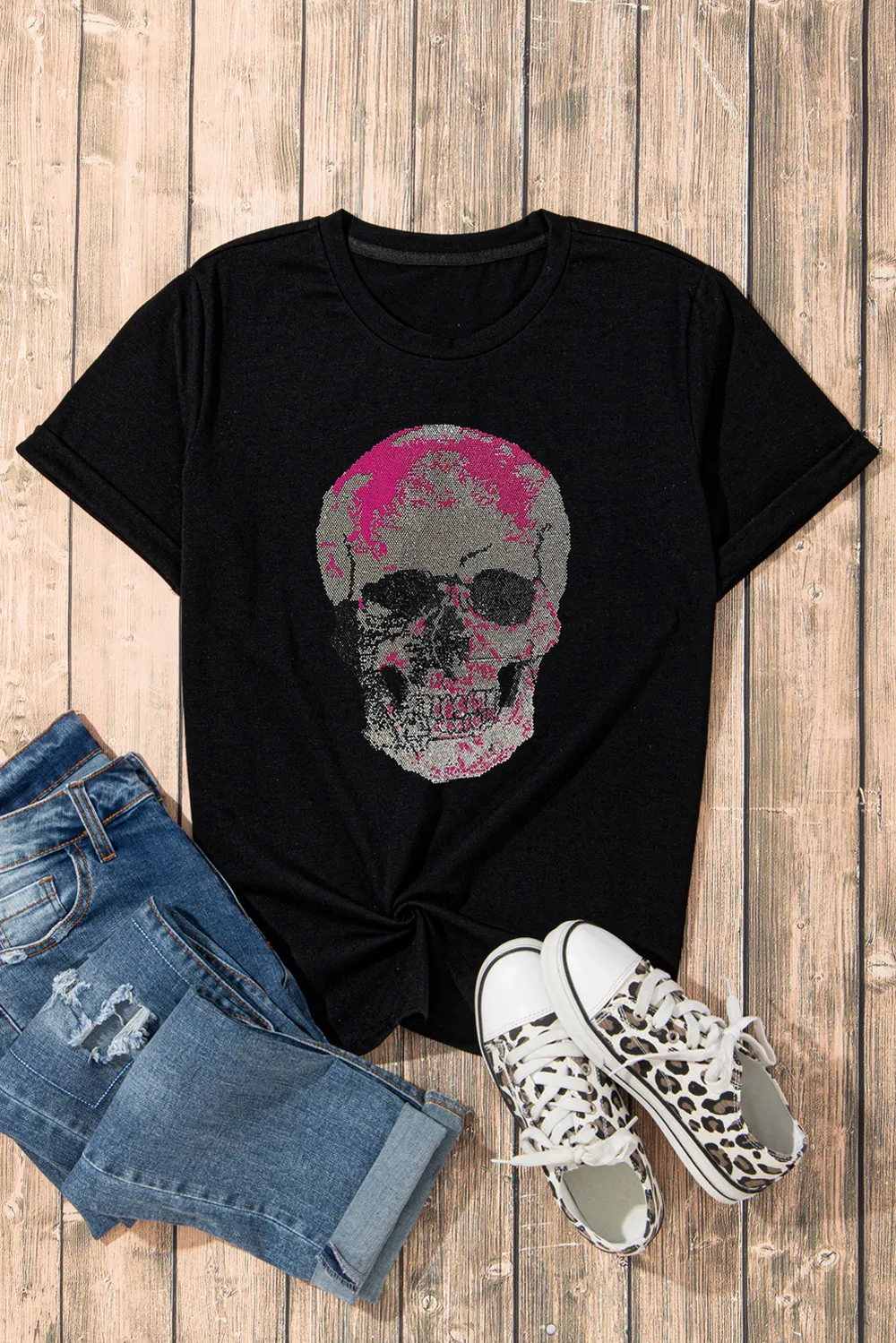 Skull Round Neck Short Sleeve T-Shirt, image 2
