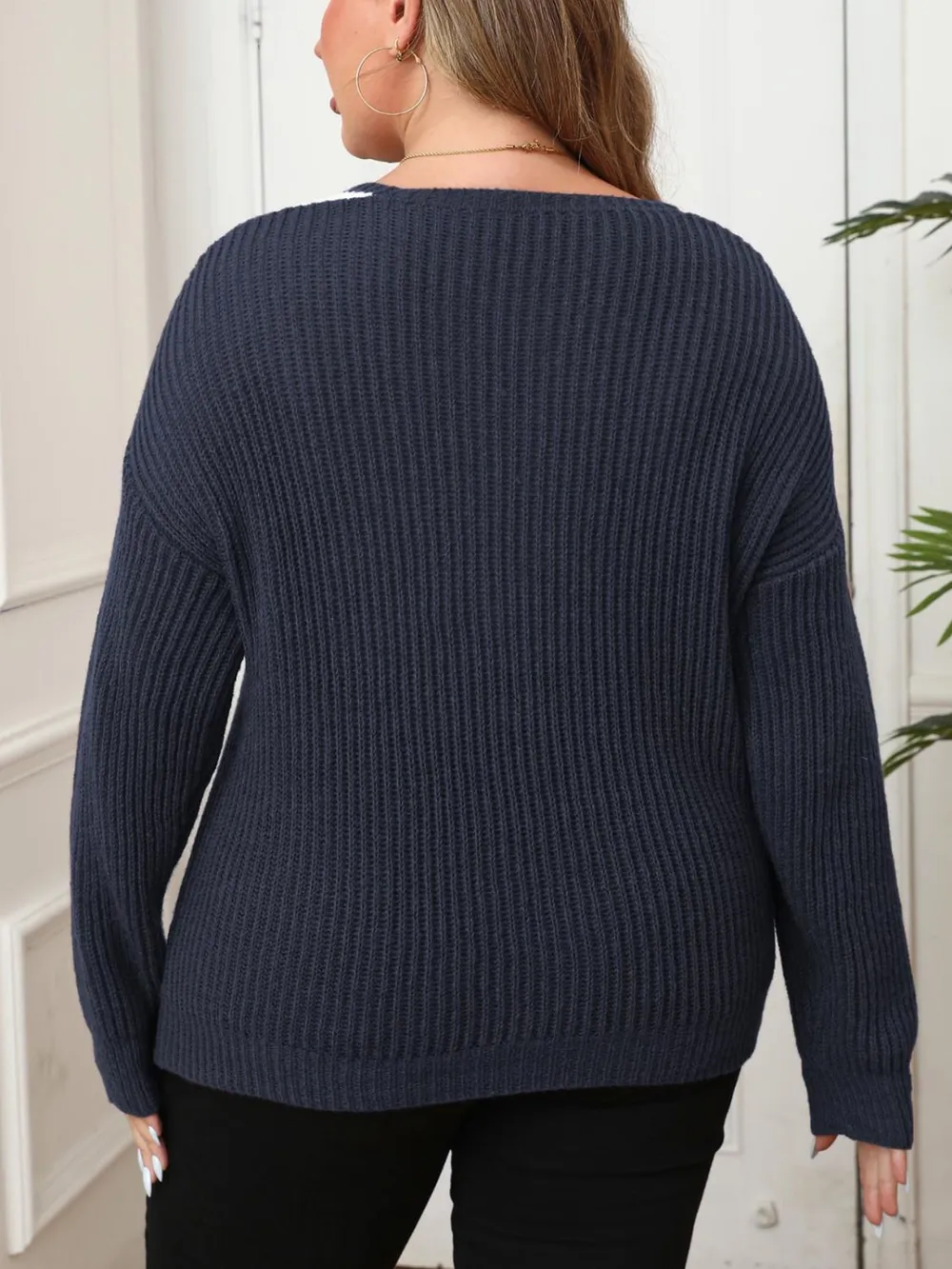 Plus Size Contrast Dropped Shoulder Long Sleeve Sweater, image 6