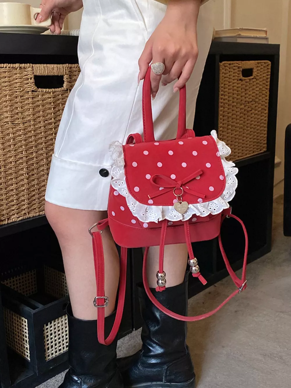 Polka Dot Lace Trim Backpack Bag, image 8