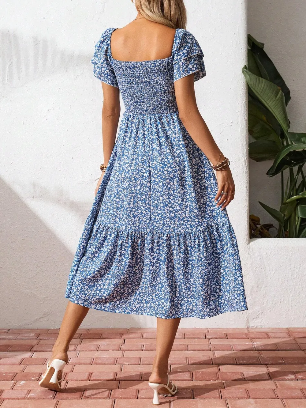 Floral Smocked Square Neck Midi Dress, image 2