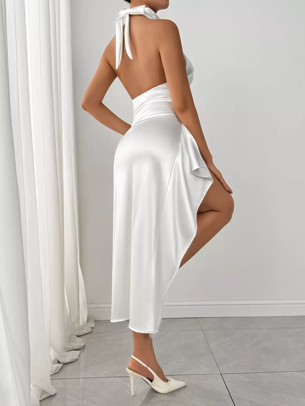 Halter Neck High Slit Satin Dress, image 15