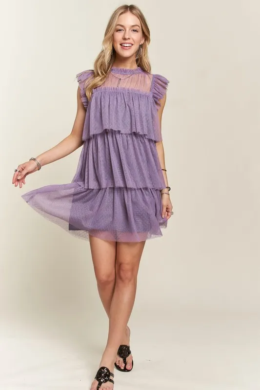 Layered Ruffled Cap Sleeve Mesh Dress, image 5