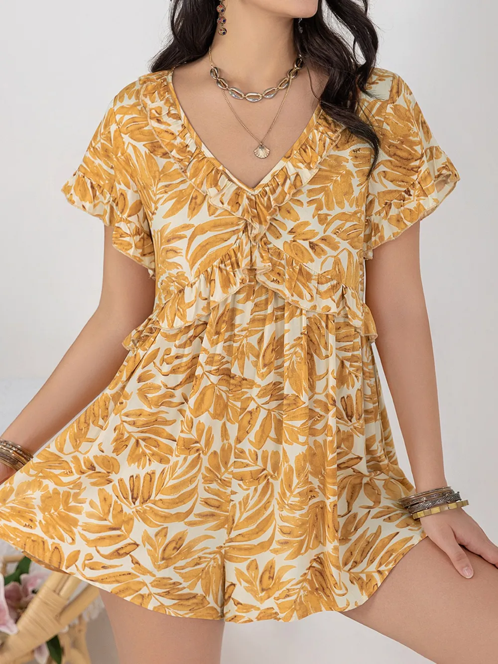 Printed V-Neck Short Sleeve Romper