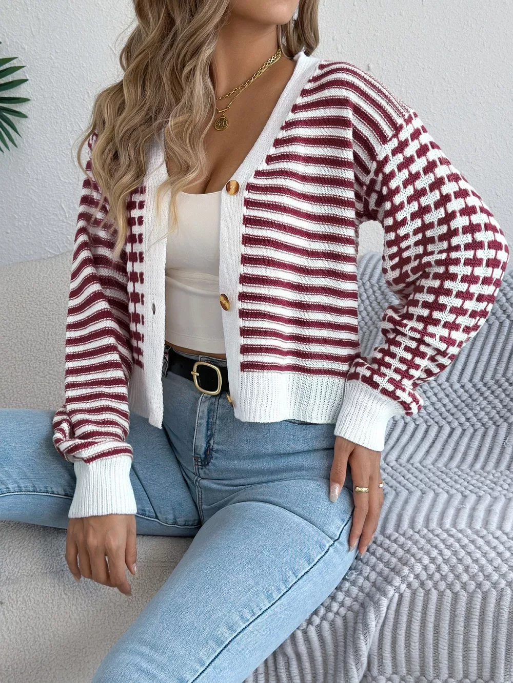 Striped Button-Up Cropped Cardigan, image 7