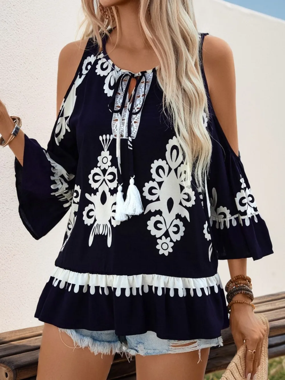 Tassel Printed Tie Neck Cold Shoulder Blouse, image 3