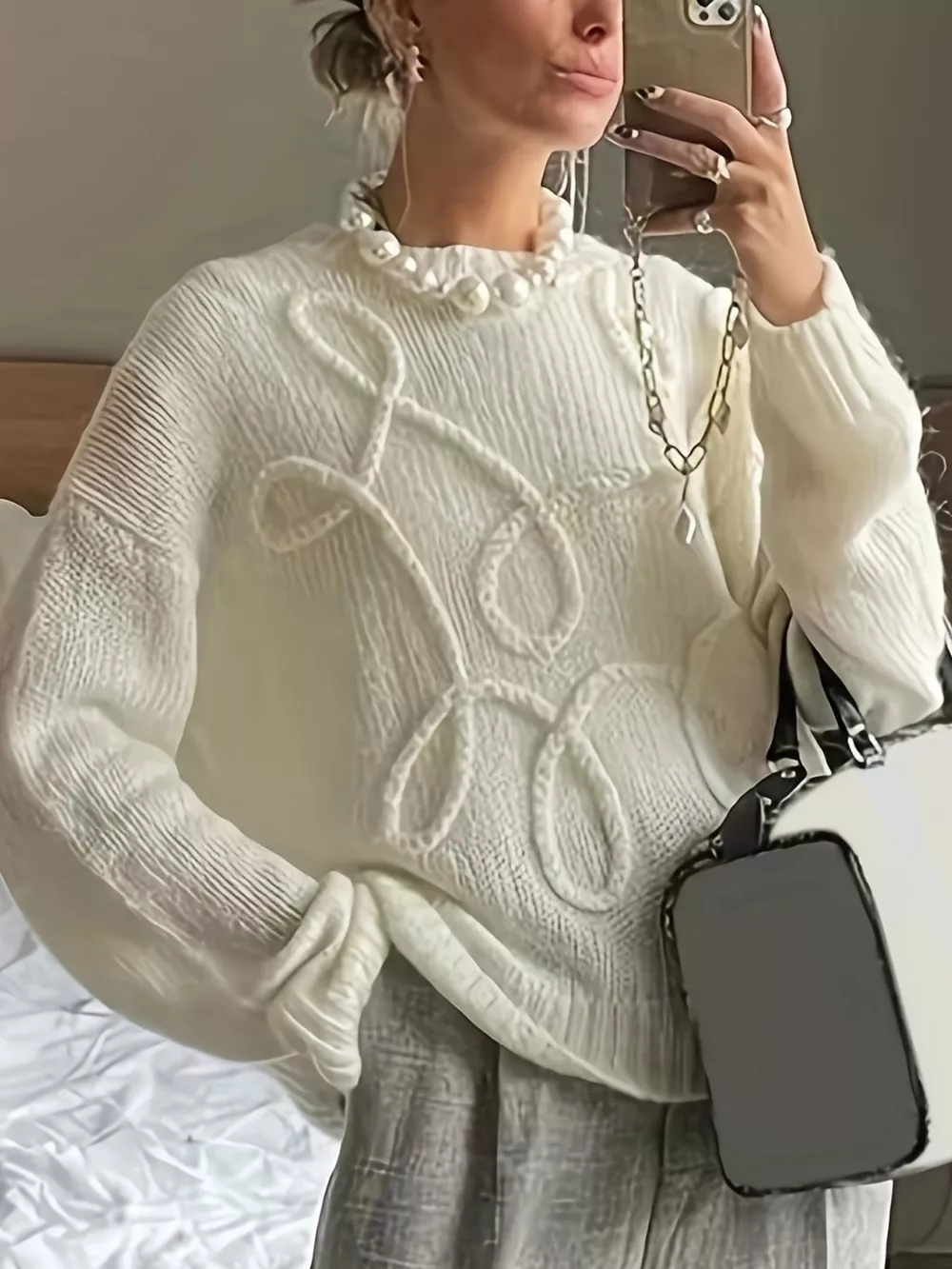 Plus Size Drop Shoulder Textured Sweater with Embossed Rope Detail, image 2
