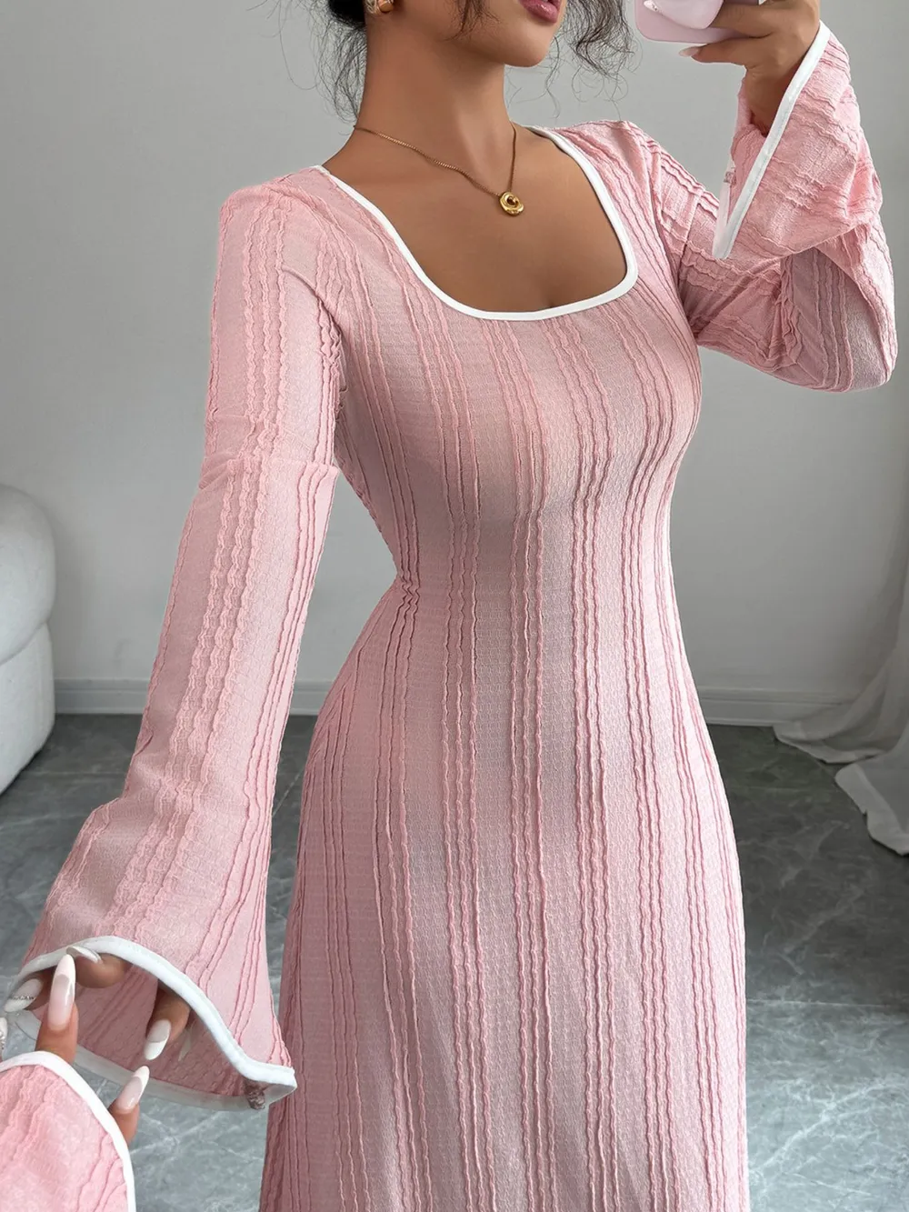 Textured Square Neck Long Sleeve Maxi Dress, image 3